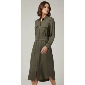 BCBG MAXAZRIA Long Sleeve Belted Midi Shirt Dress Olive Women L